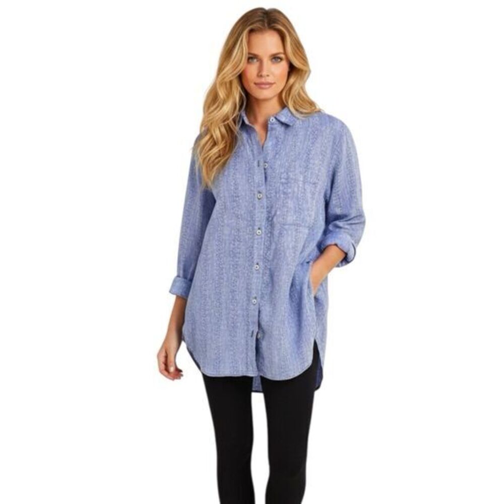 Chico's Womens Shirt Sz 2 U.S Sz 12 Non Iron Linen Textured Minimalist Preppy
